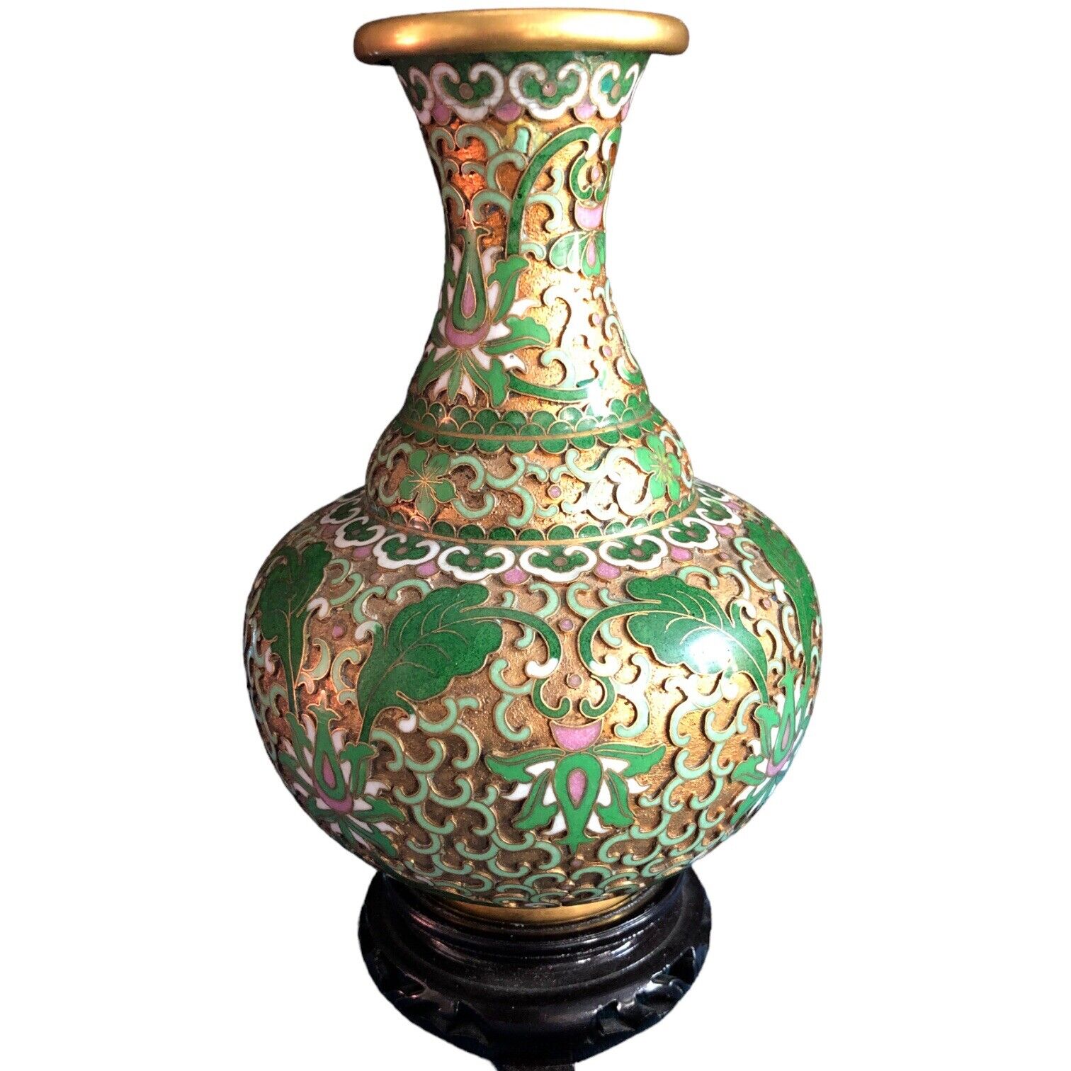 Cloisonné Vase Green Champleve Enamel Cut Work With Wood Stand