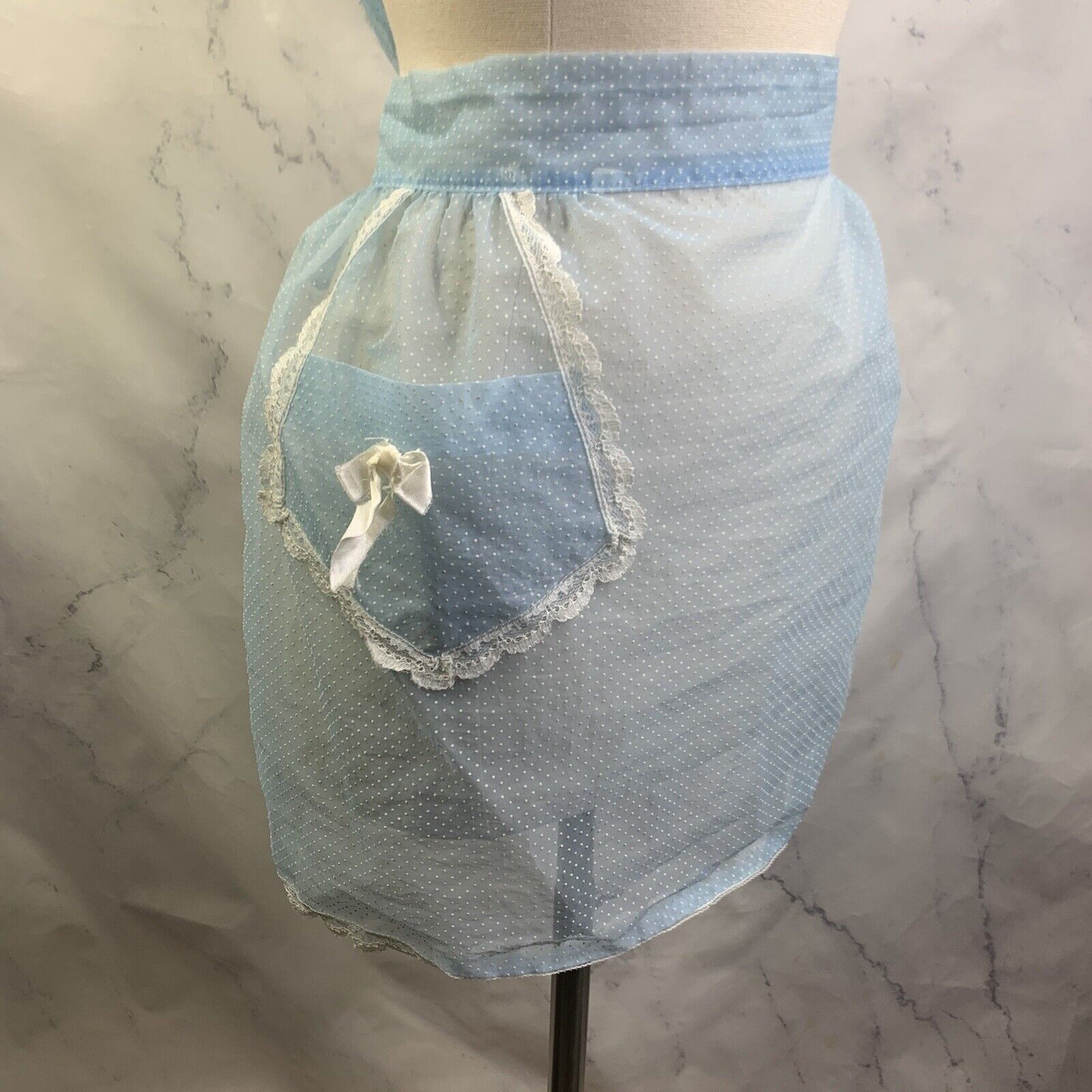 Vintage Betty Pale Blue Sheer 1950\'s Half Apron with White Lace Pocket Chiffon