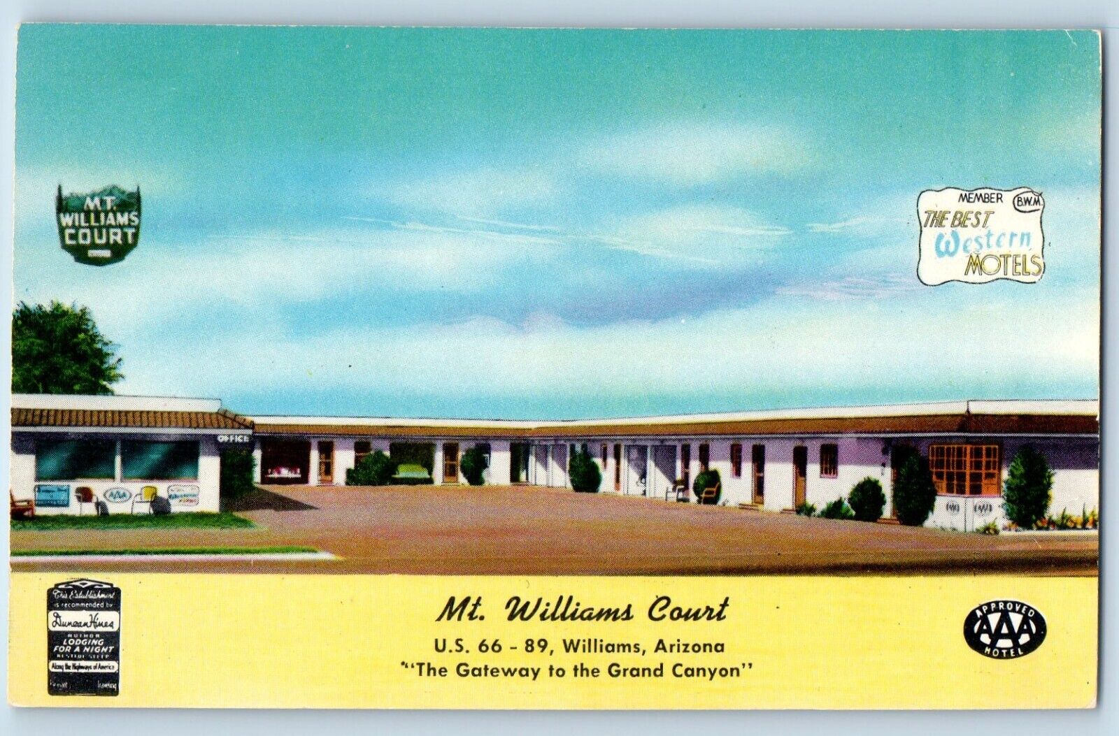 Williams Arizona AZ Postcard Mt. Williams Court Inn Motel Exterior View Route 66