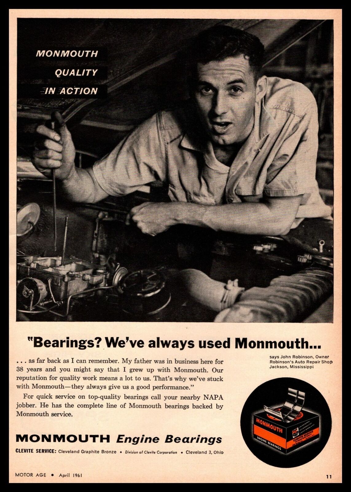 1961 John Robinson\'s Auto Repair Jackson Mississippi Monmouth Bearings Print Ad
