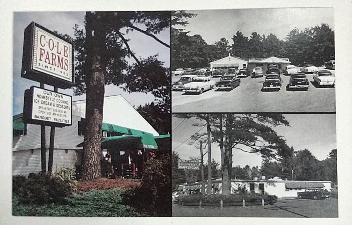 Gray Maine ME Postcard Cole Farms Restaurant 3 View Exterior 1950s Cars Parking