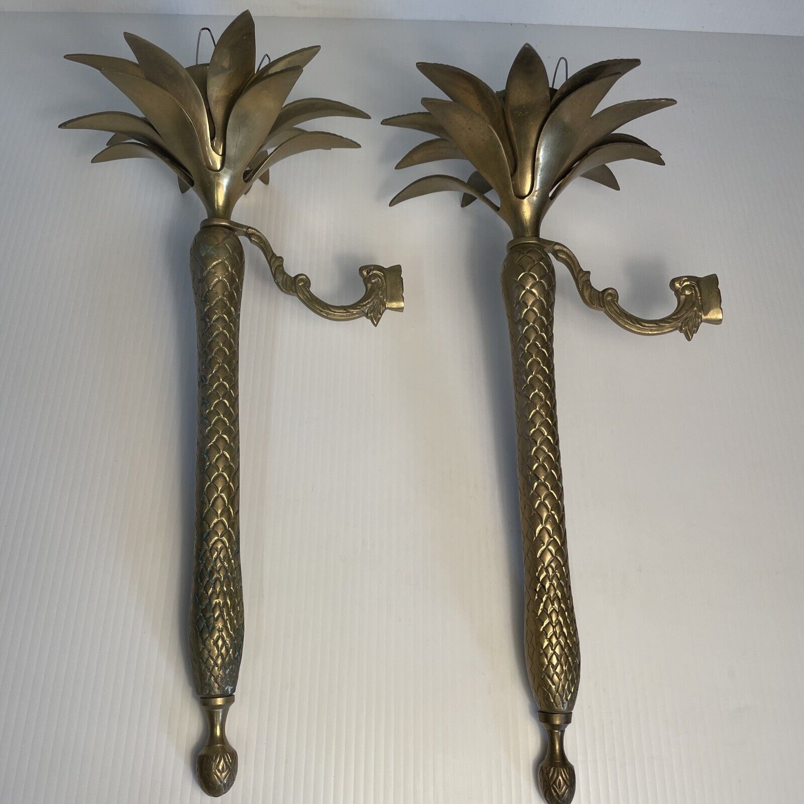 Vtg Pair Brass Pineapple Palm Tree Candle Wall Sconces Hollywood Regency *READ*