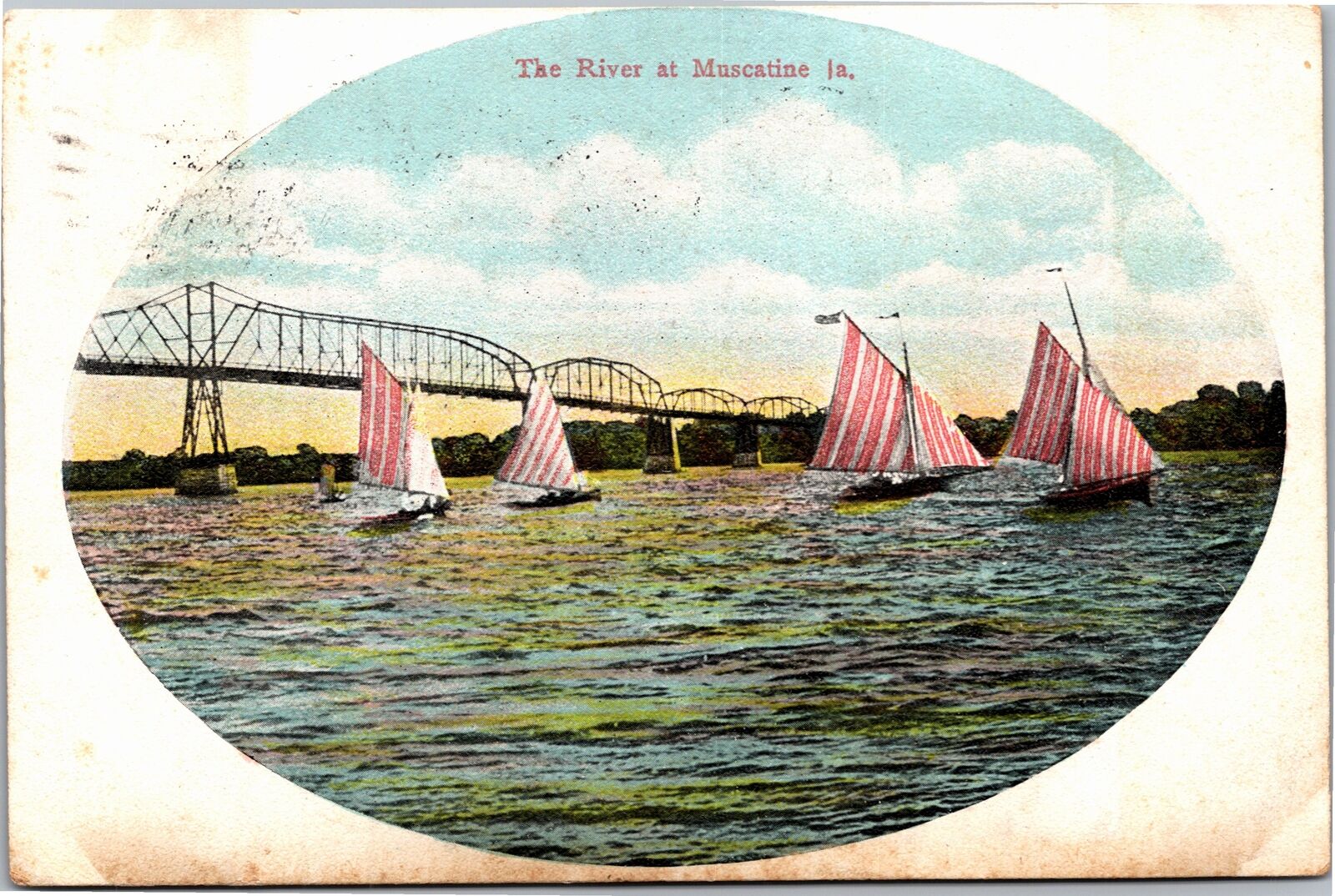 Postcard IA River at Muscatine sailboats and bridge 1908