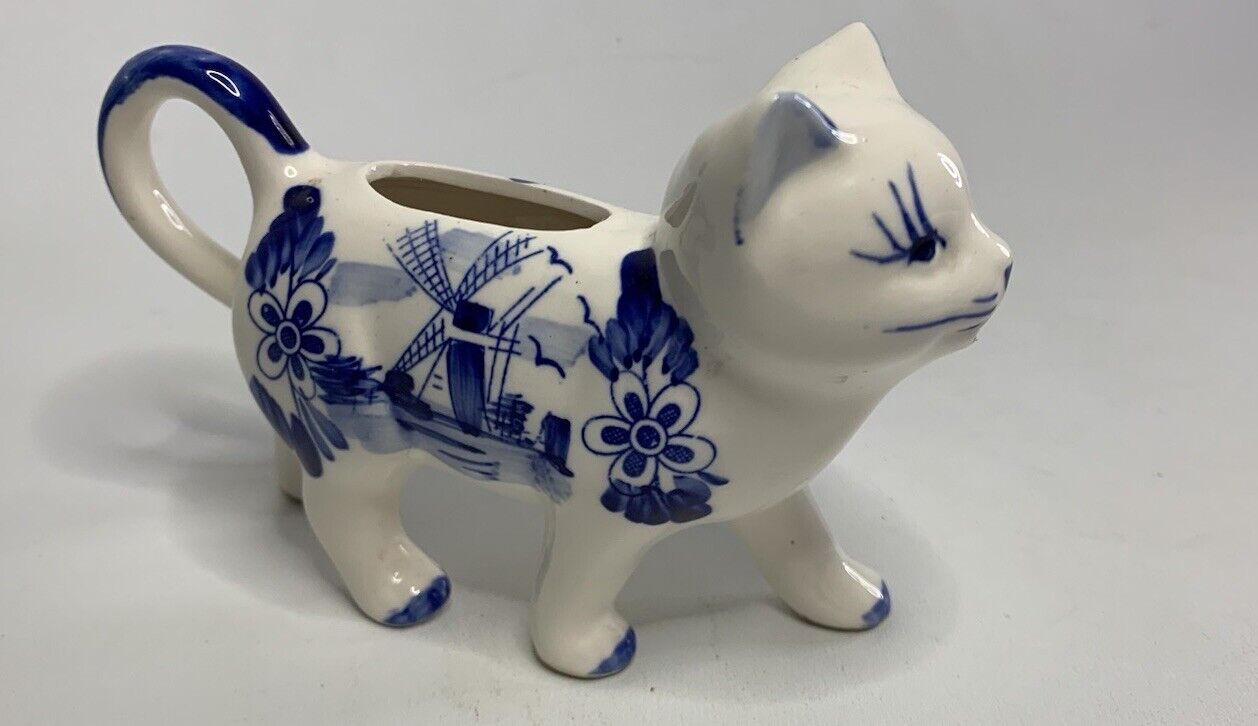 Vintage Delft Blue Handpainted Cat Creamer with Windmills & Flowers
