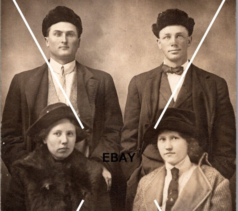 1912 RPPC Postcard Fur Hats 2 Men 2 Women Sepia AZO