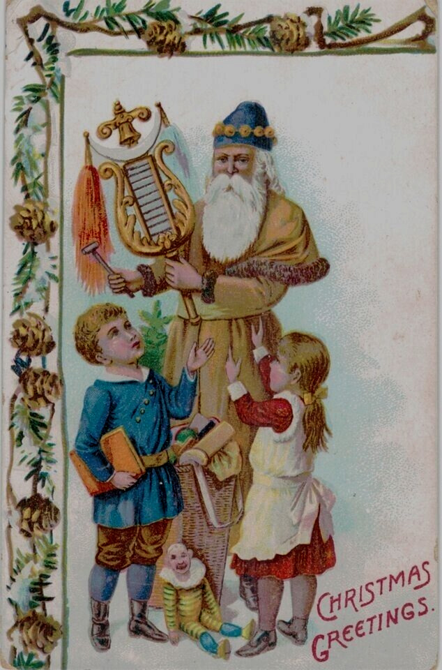 Long Brown Robe Santa Claus with Children~Toys~Antique~Christmas Postcard~h825