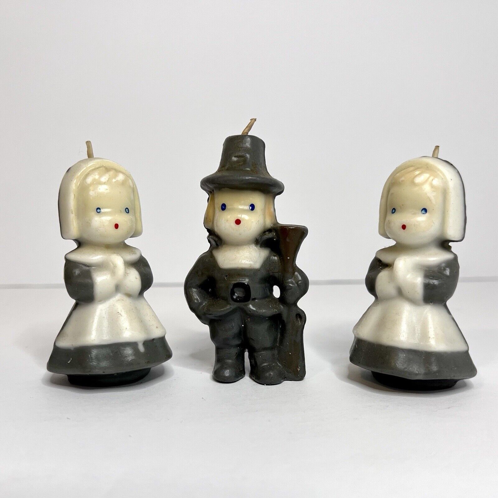 Lot of 3 Vintage Gurly Pilgrim Boy and 2 Girls Thanksgiving Candles Unburned