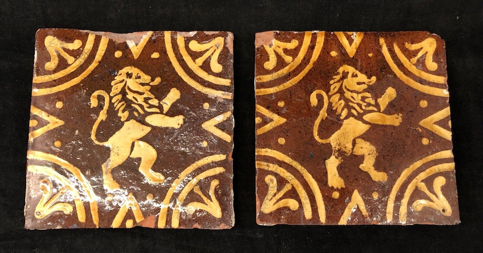 Lot of 2 Post Medieval Terracotta Floor Tiles Lion Rampant 17th 18th c Flanders
