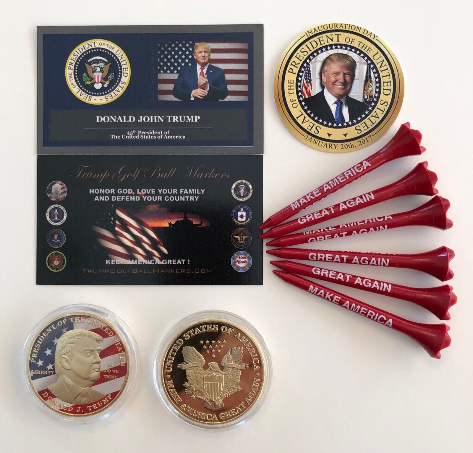 Trump Golf Ball Marker Coin & Tee Set ...Trump USA Flag ... + 1 Decal ..Gold*