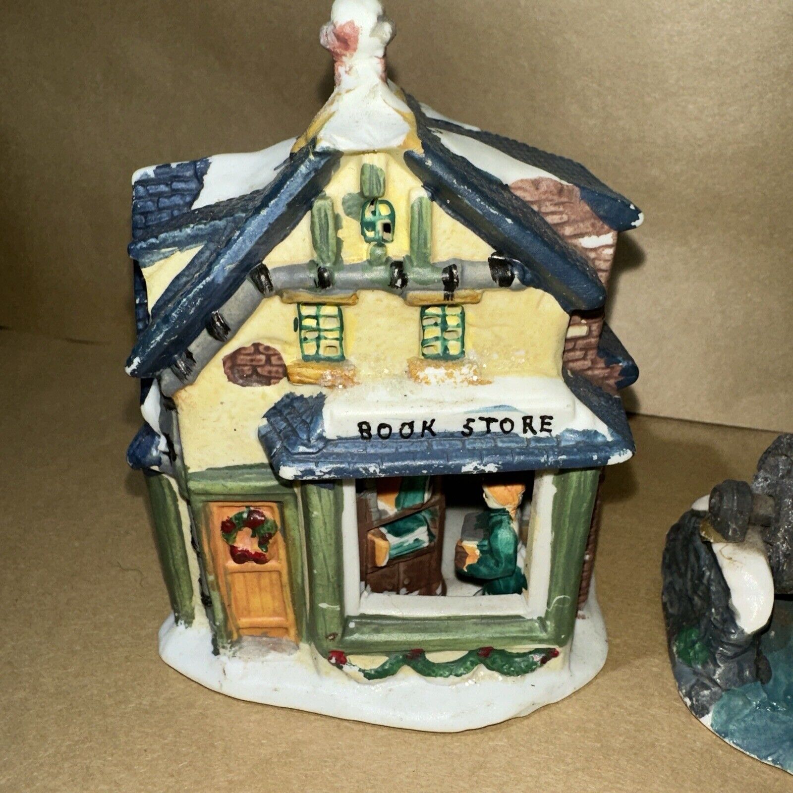 Christmas Village Set Book Store, Bank, Mill house 4 PC Set