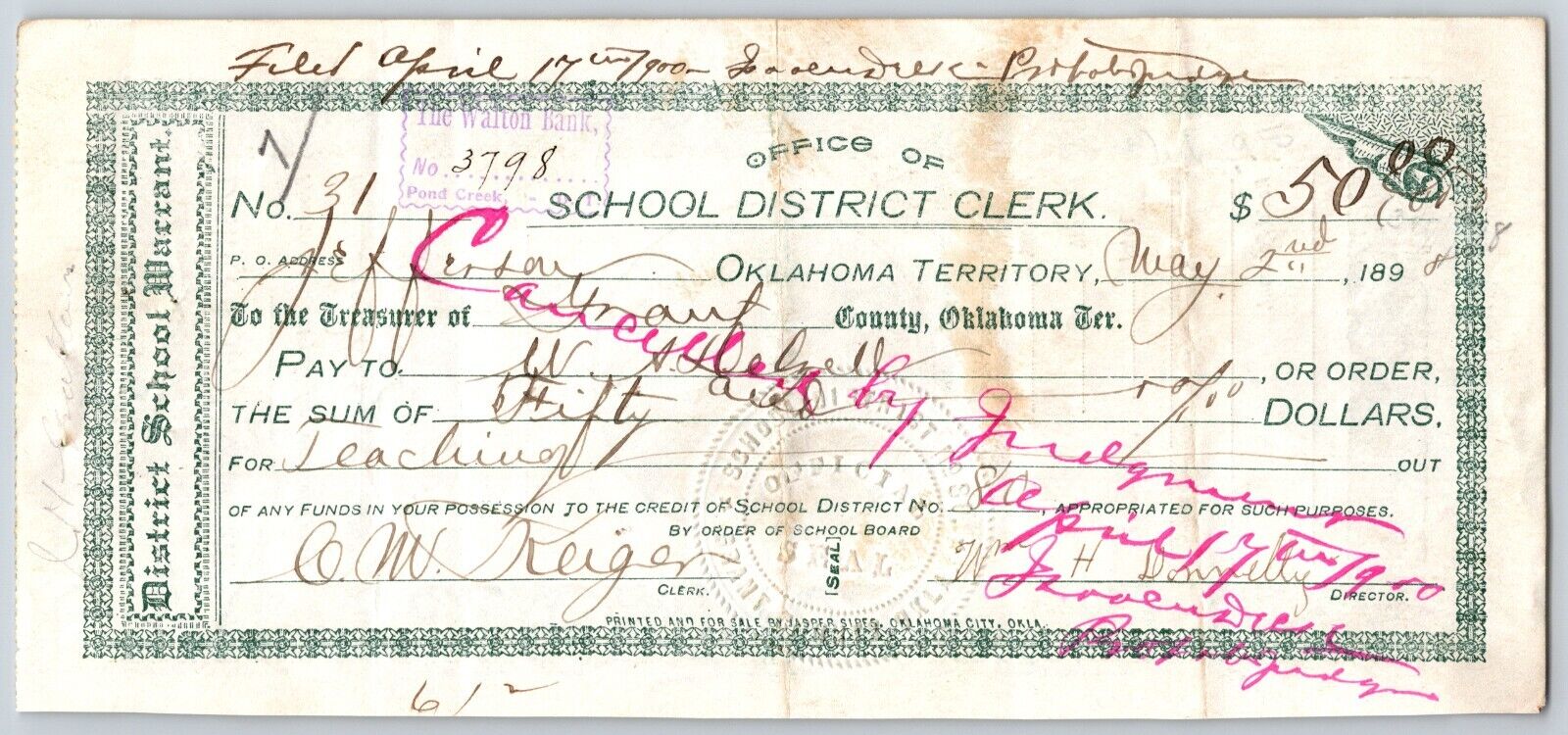 Grant County Oklahoma Territorial 1898 District School Warrant - Scarce