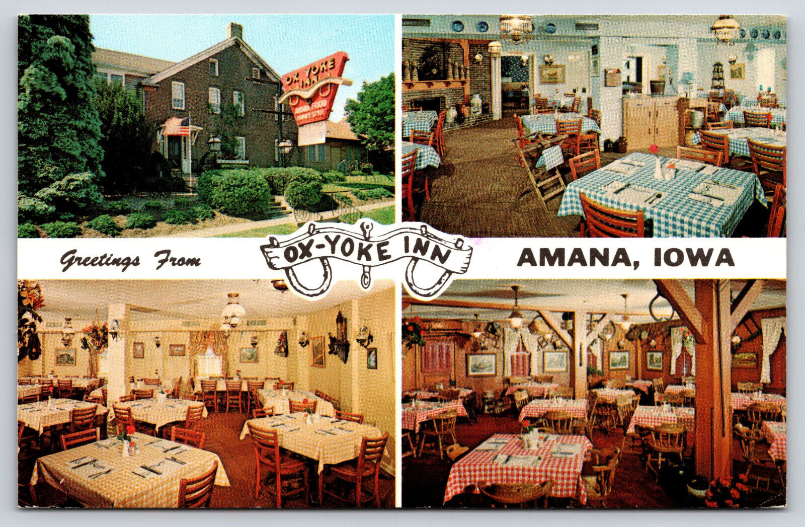 Amana IA-Iowa, Greetings From Ox Yoke Inn, 4 Views, Vintage Antique Postcard