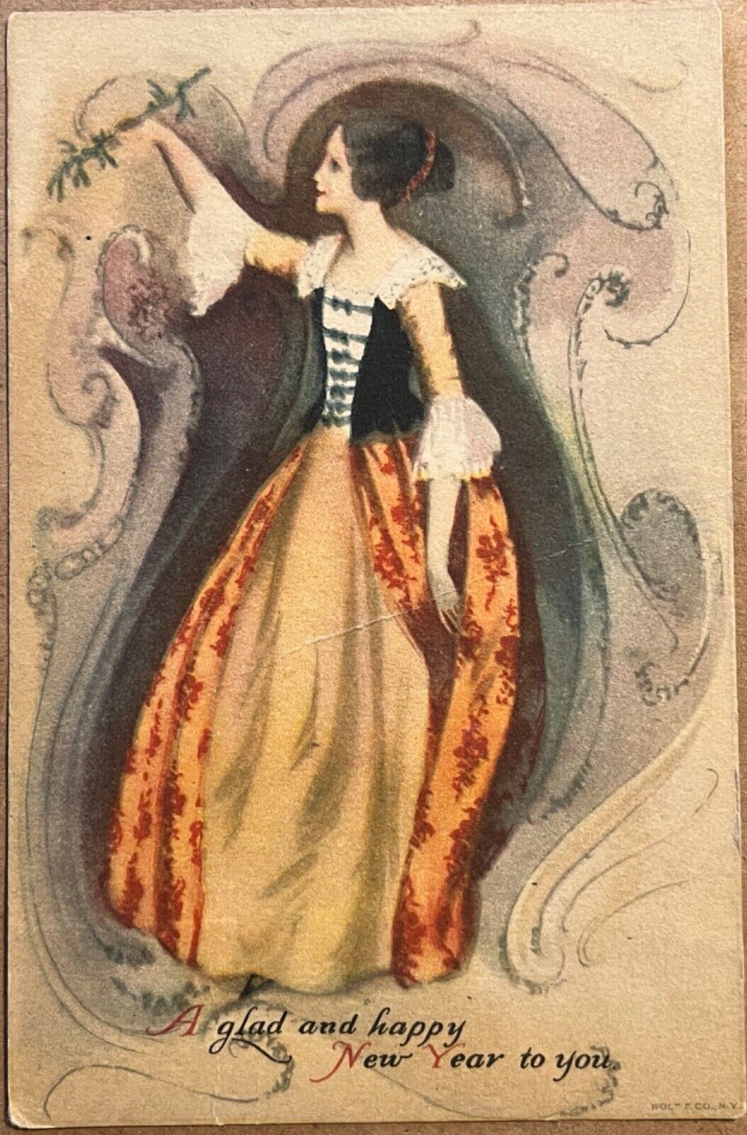 New Year Pretty French Lady Baroque Fashion Antique Postcard 1910