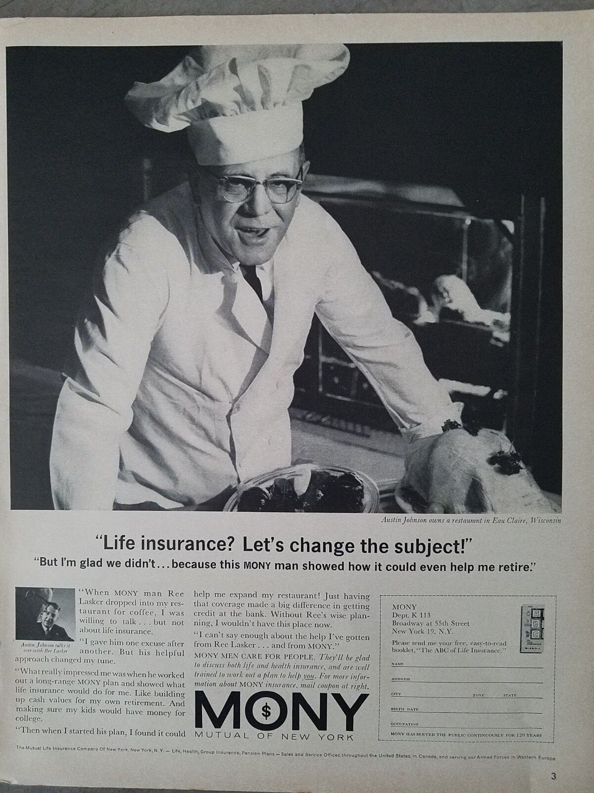1963 Mony Mutual life insurance Eau Claire WI restaurant owner Baker\'s cap ad