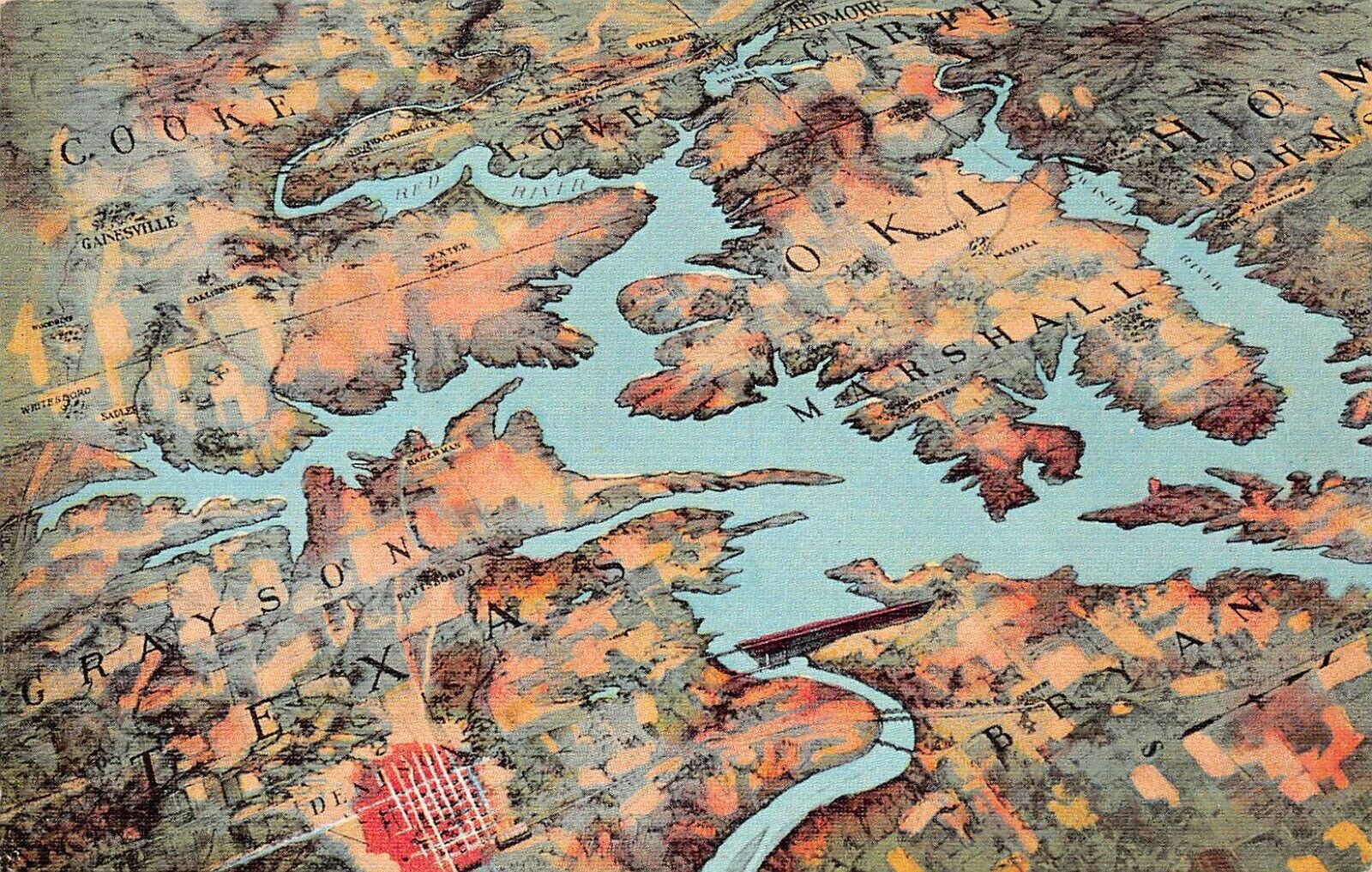 Denison Reservoir Map  Lake Texoma Dam Gainesville TX Texas Vtg Postcard A39