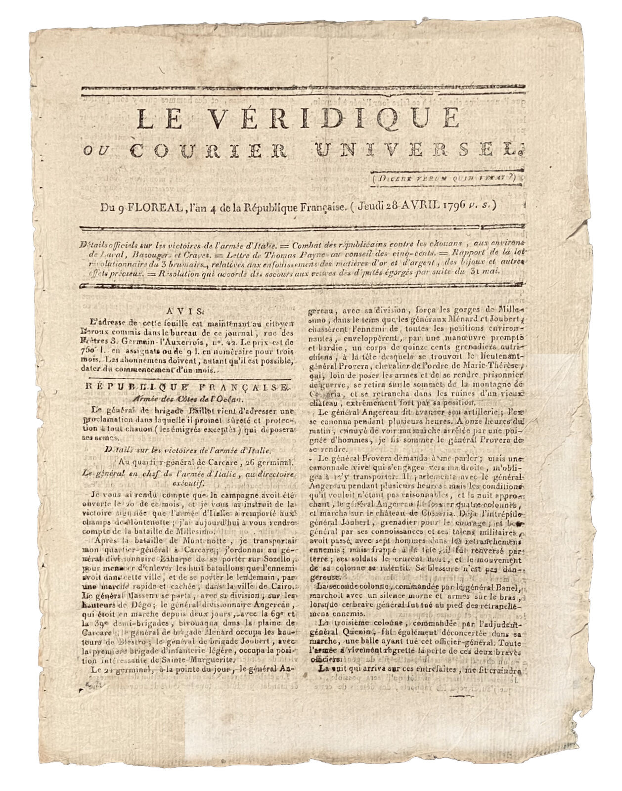 LE VERIDIQUE or COURIER UNVIVERSEL April 28, 1796 Victories of General Bonaparte