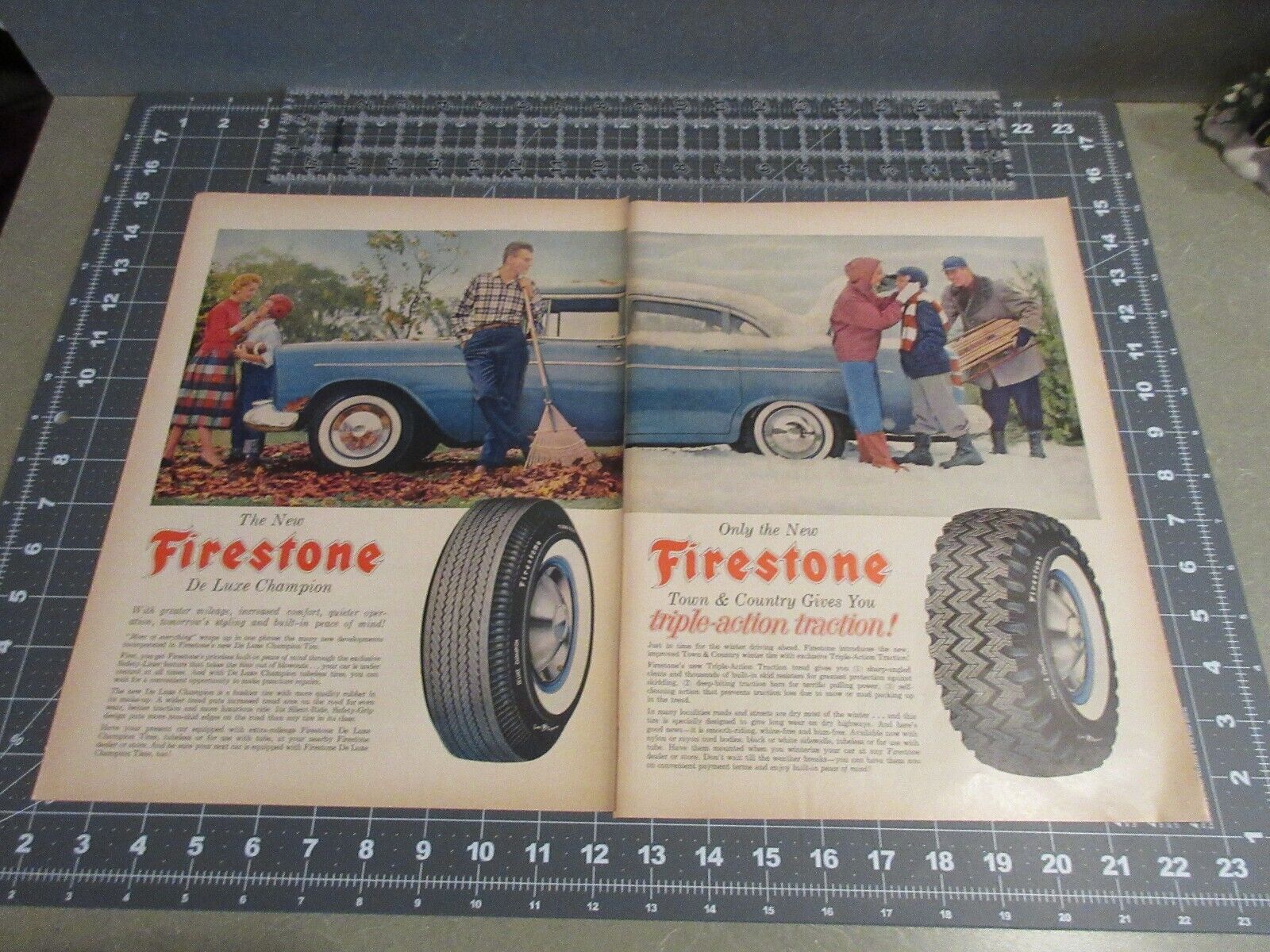 1956 Firestone Tires Radial and Snow Tire Fall & Winter 2 Page Vintage Print Ad