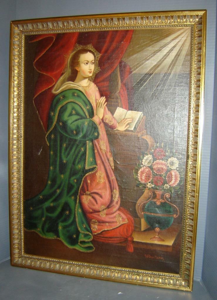 Antique Colonial Cuzco School Madonna Virgin With Book Oil Painting Signed 1800