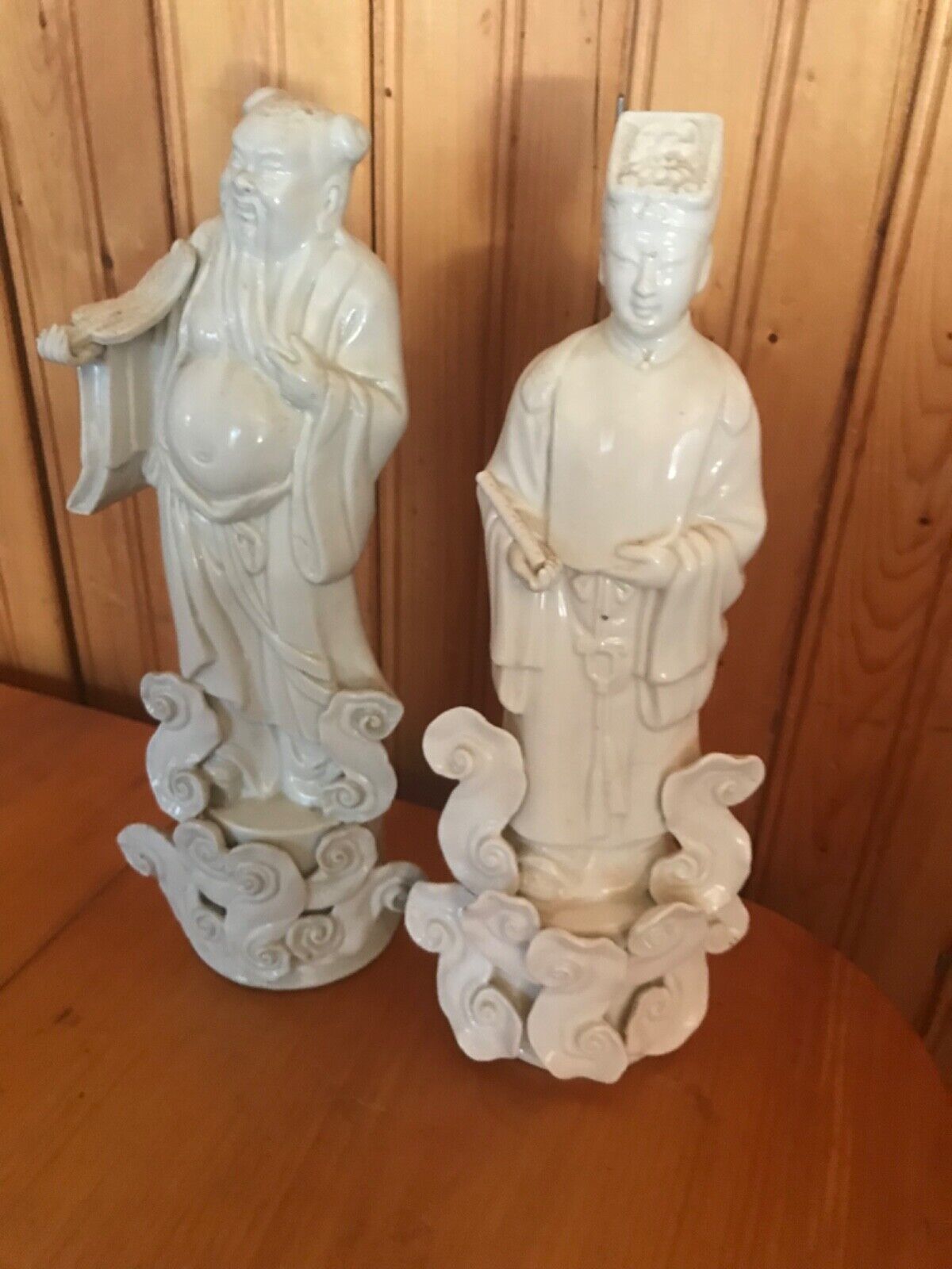 2 VINTAGE CHINESE WHITE GLAZED FIGURINES 10” tall