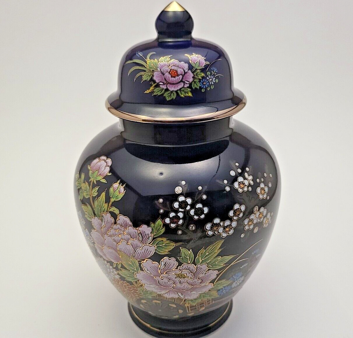 Vintage Japanese Kutani Cobalt Blue Ginger Jar W/Lid  Enameled Floral Design