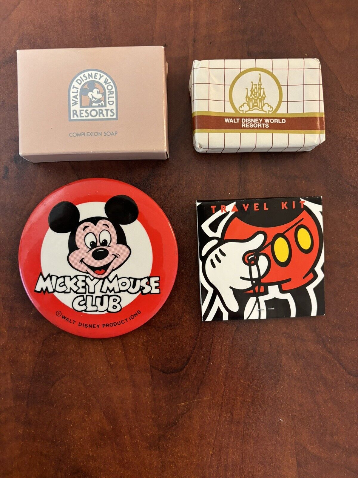 Vintage Walt Disney World Collectibles - 2 hand soaps, travel kit, and button