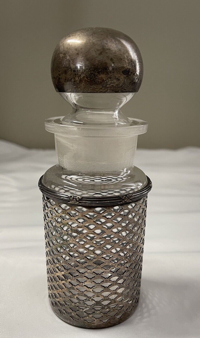 Antique Glass & Silver Whiskey Decanter/Flask Art Deco Fish Scale design Rare