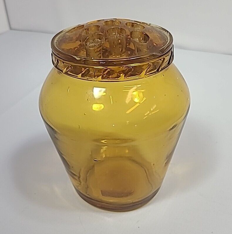 Vtg Amber Glass Floral Frog Depression Glass W Matching Vase 11 Hole Arrangement