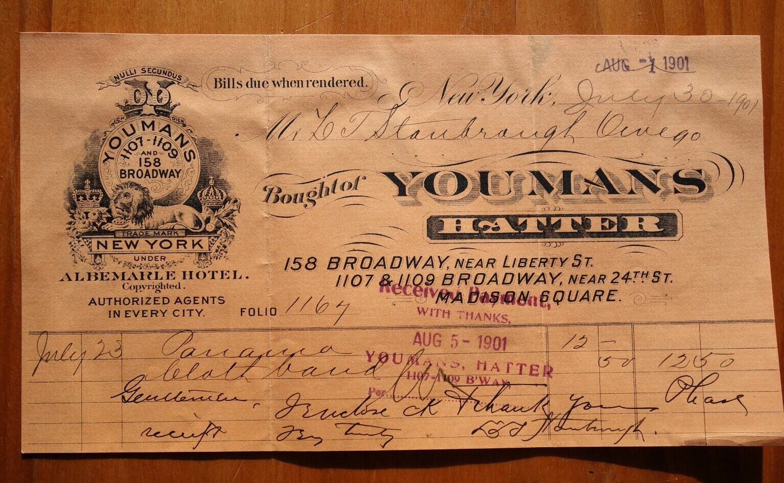 Youmans hatter 1901 New York City billhead 1107-1109 Broadway