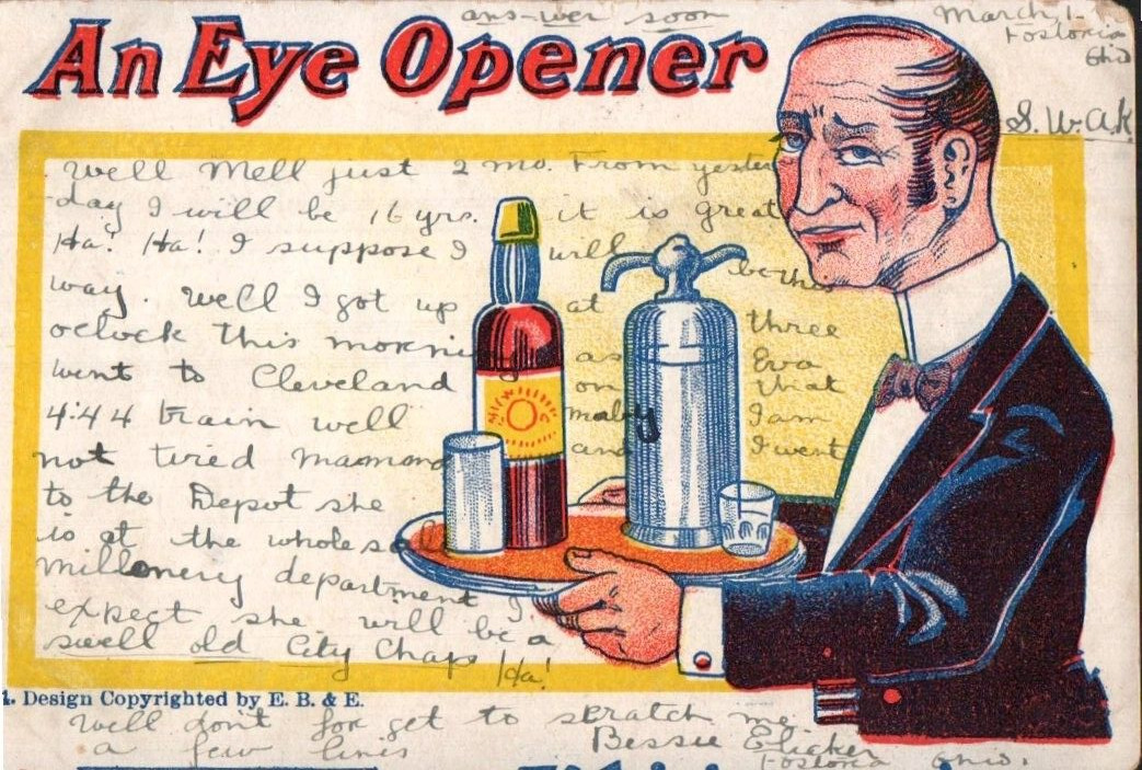 Postcard Humor An Eye Opener Man Serving Drinks Postmarked 1906 Undivided Back