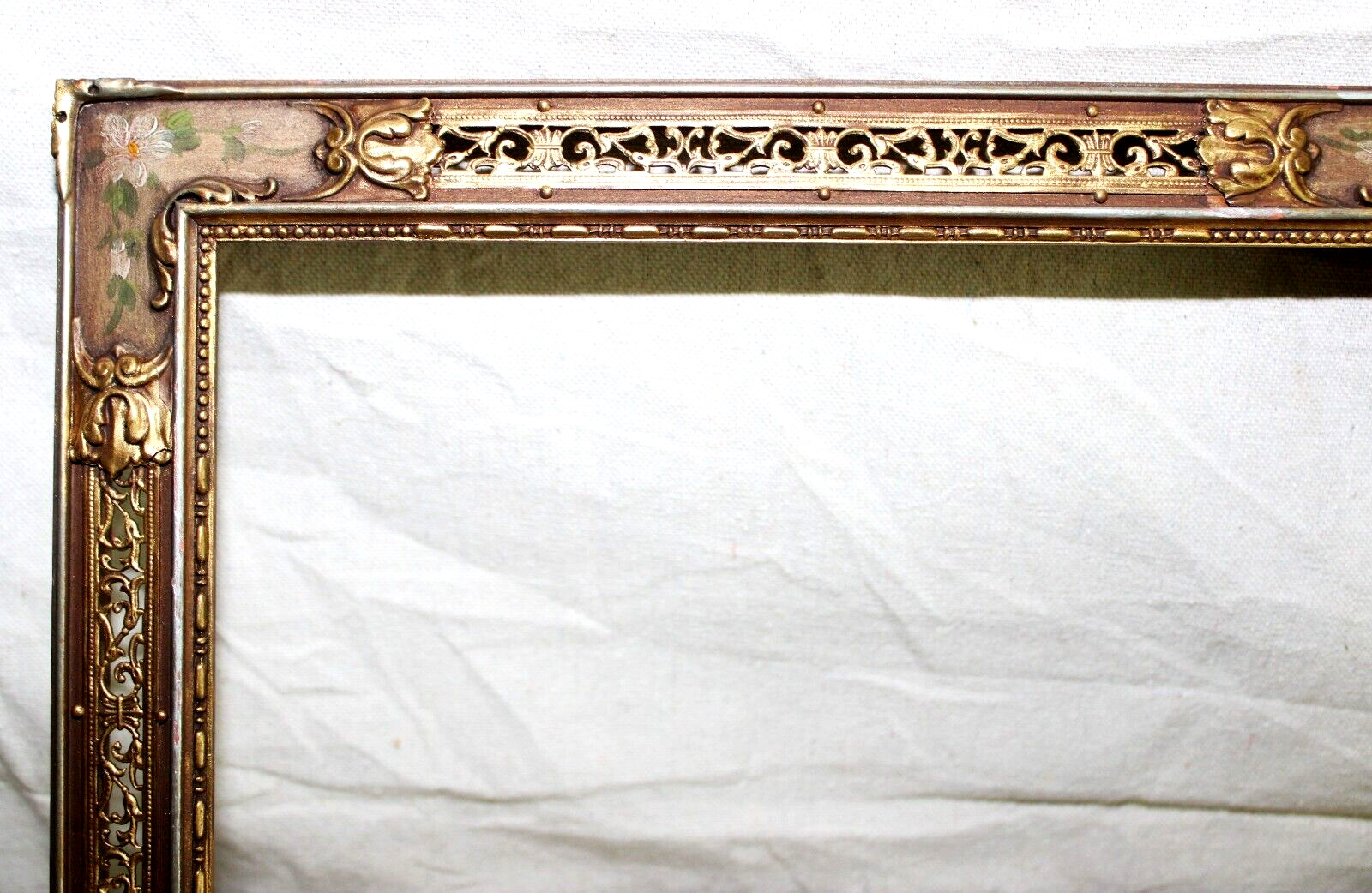 RARE ANTIQUE FITS 7 X 9 PICTURE FRAME WOOD BRASS RETICULATED HAND PAINTED FLORAL