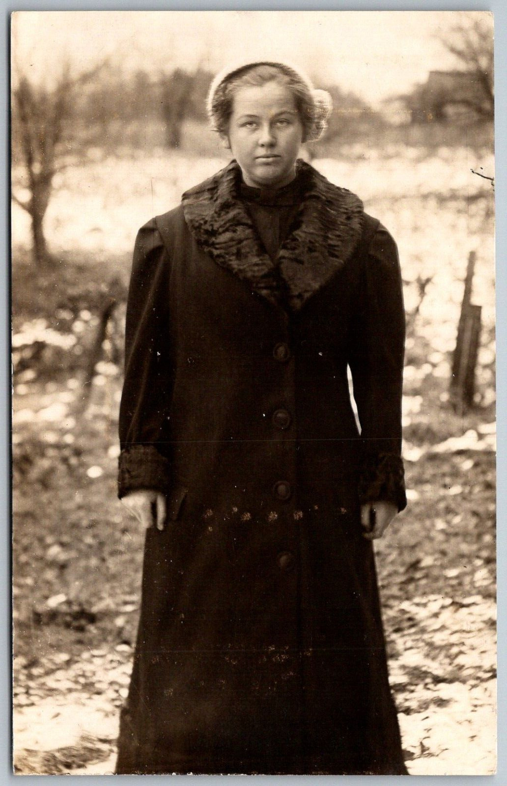 c1910 RPPC Real Photo Postcard Woman Outside In Winter Coat Hat