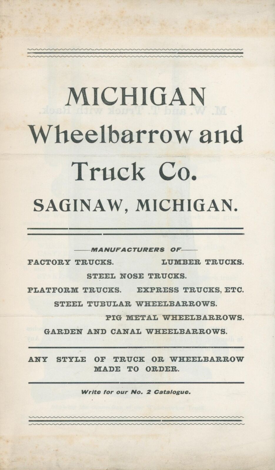 1906 Michigan Wheelbarrow & Truck Co Saginaw MI Trade Circular Illustrated 