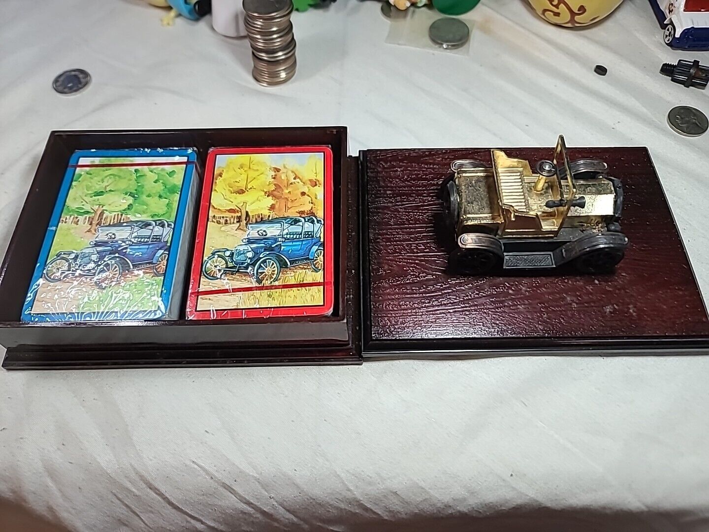 Vintage Giftco Playing Card Holder 1917 Ford Model T  Wood Box With Cards SEALED