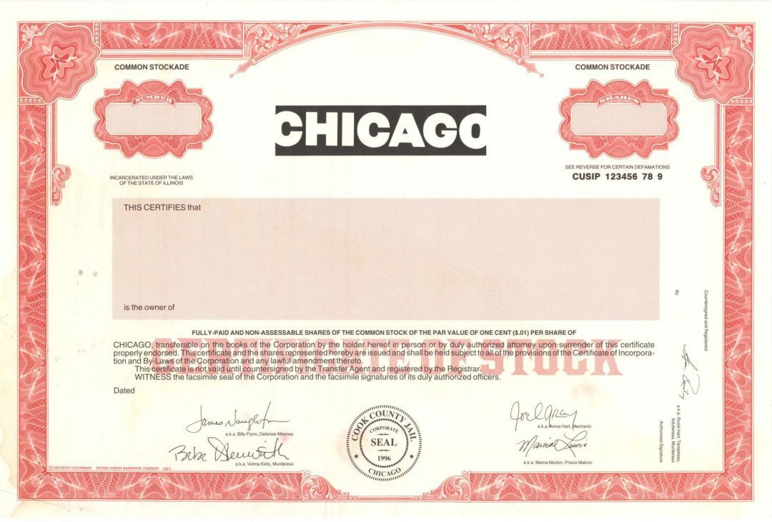 Chicago - 1996 Specimen Stock Certificate - Specimen Stocks & Bonds