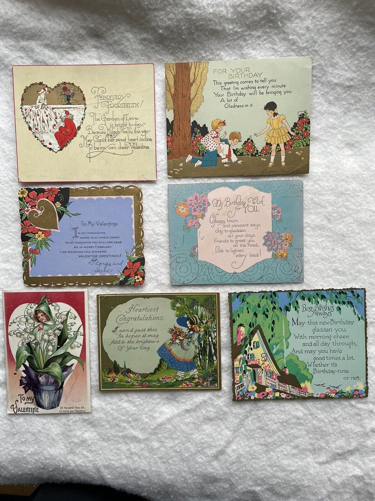 Vintage 1920\'s Birthday & Valentine One Sided Cards - Lot of 7