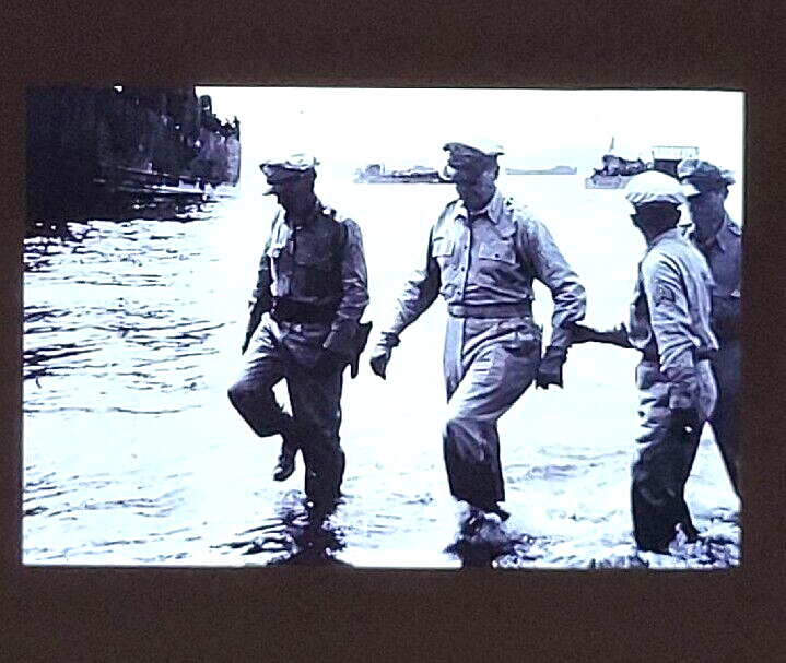 1944 WWII General MacArthur Returns Leyte Island  War Ships 35mm Photo Slide