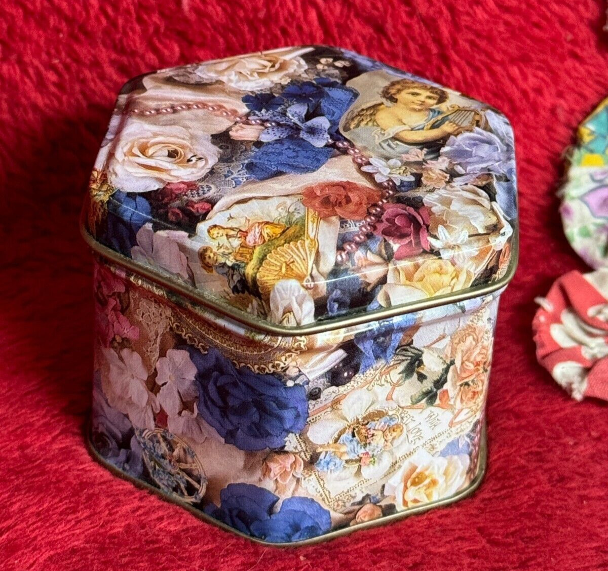 Small Tin with Pink Candle Inside Victorian Cupid and Floral Design