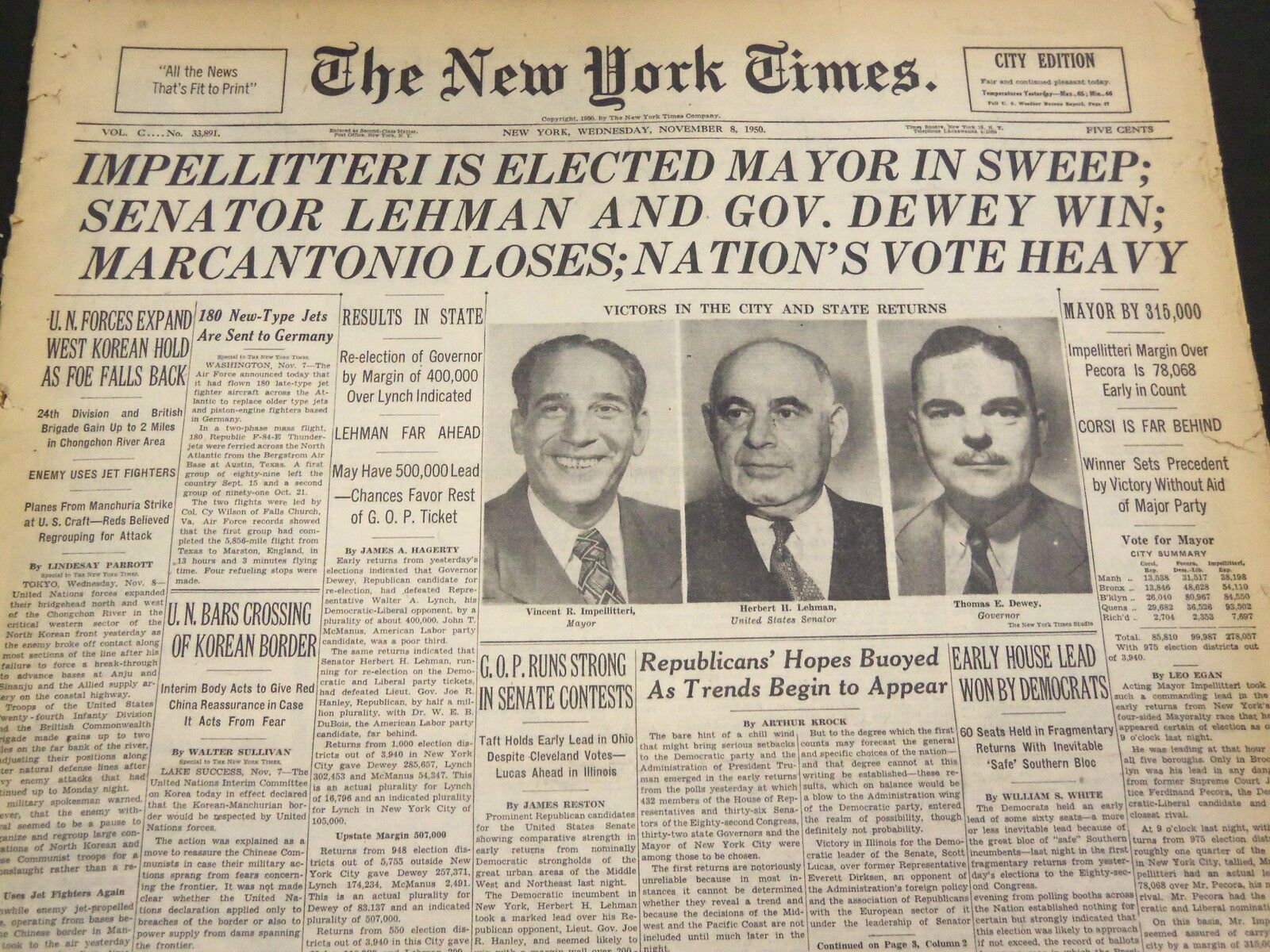 1950 NOVEMBER 8 NEW YORK TIMES - IMPELLITTERI, LEHMAN, DEWEY ELECTED - NT 4289