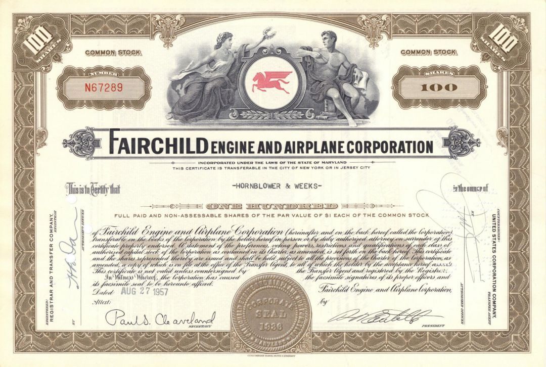 Fairchild Engine & Airplane Corporation - 1950's dated Aviation Stock Certificat