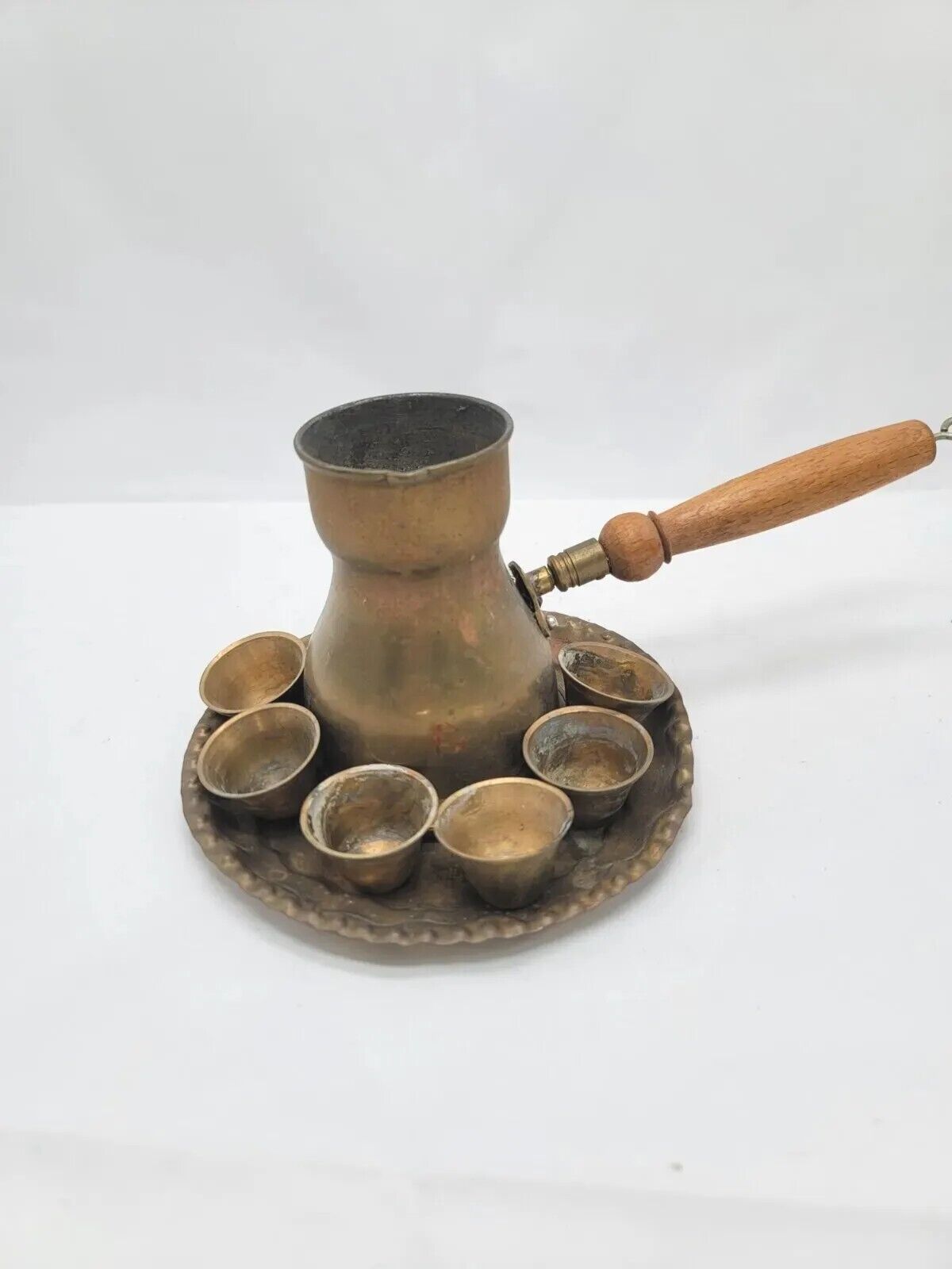 Antique Turkish Coffee Pitcher Handmade Brass w/ 6 Cups & Tray