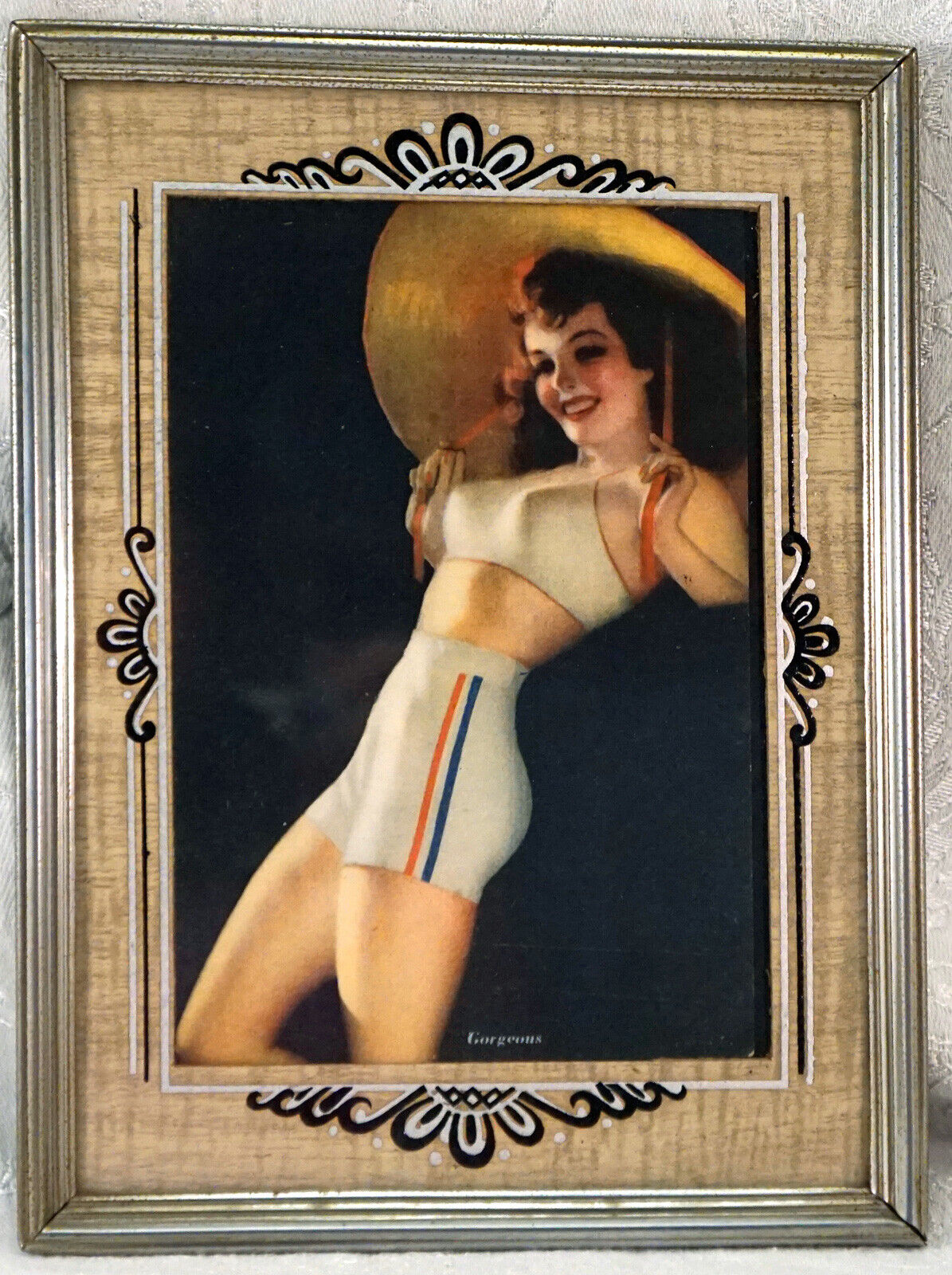 Pinup Print Titled Gorgeous in Art Deco Style Matted Frame