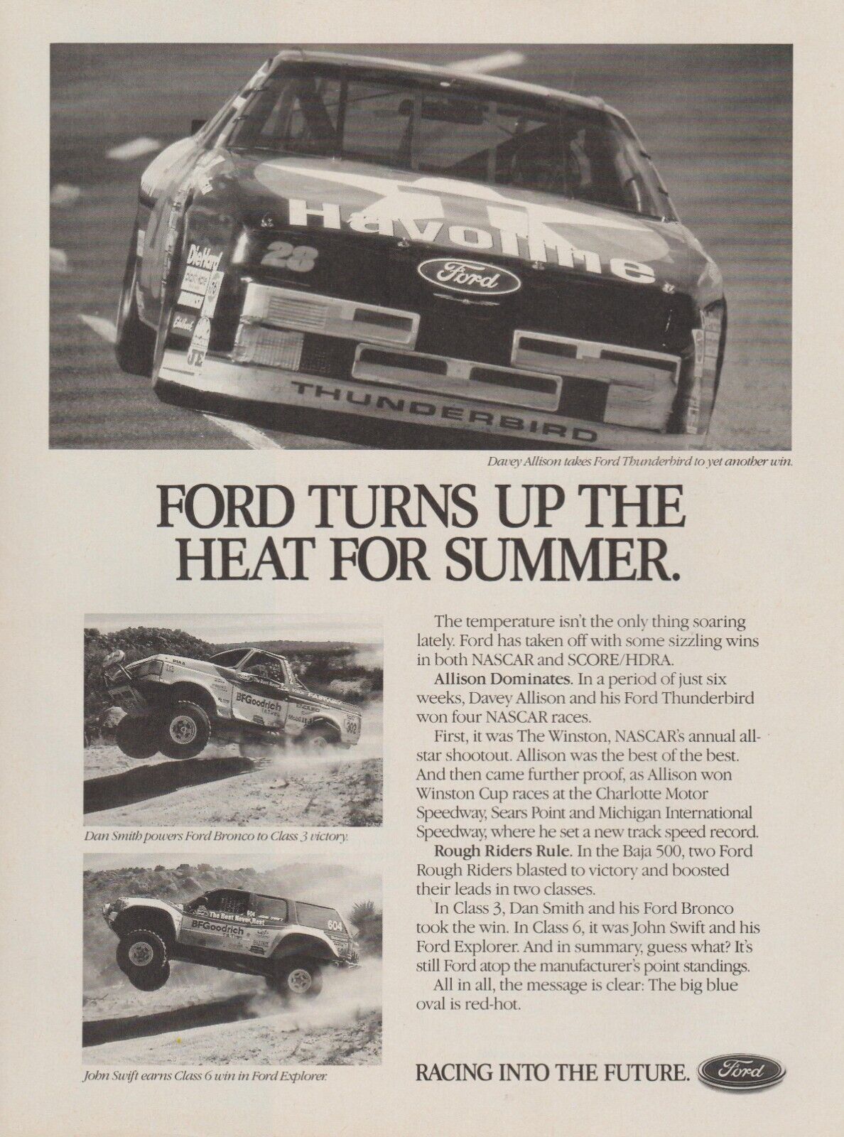 1991 Ford Racing - Davey Allison, Dan Smith, John Swift - Bronco -Print Ad Photo