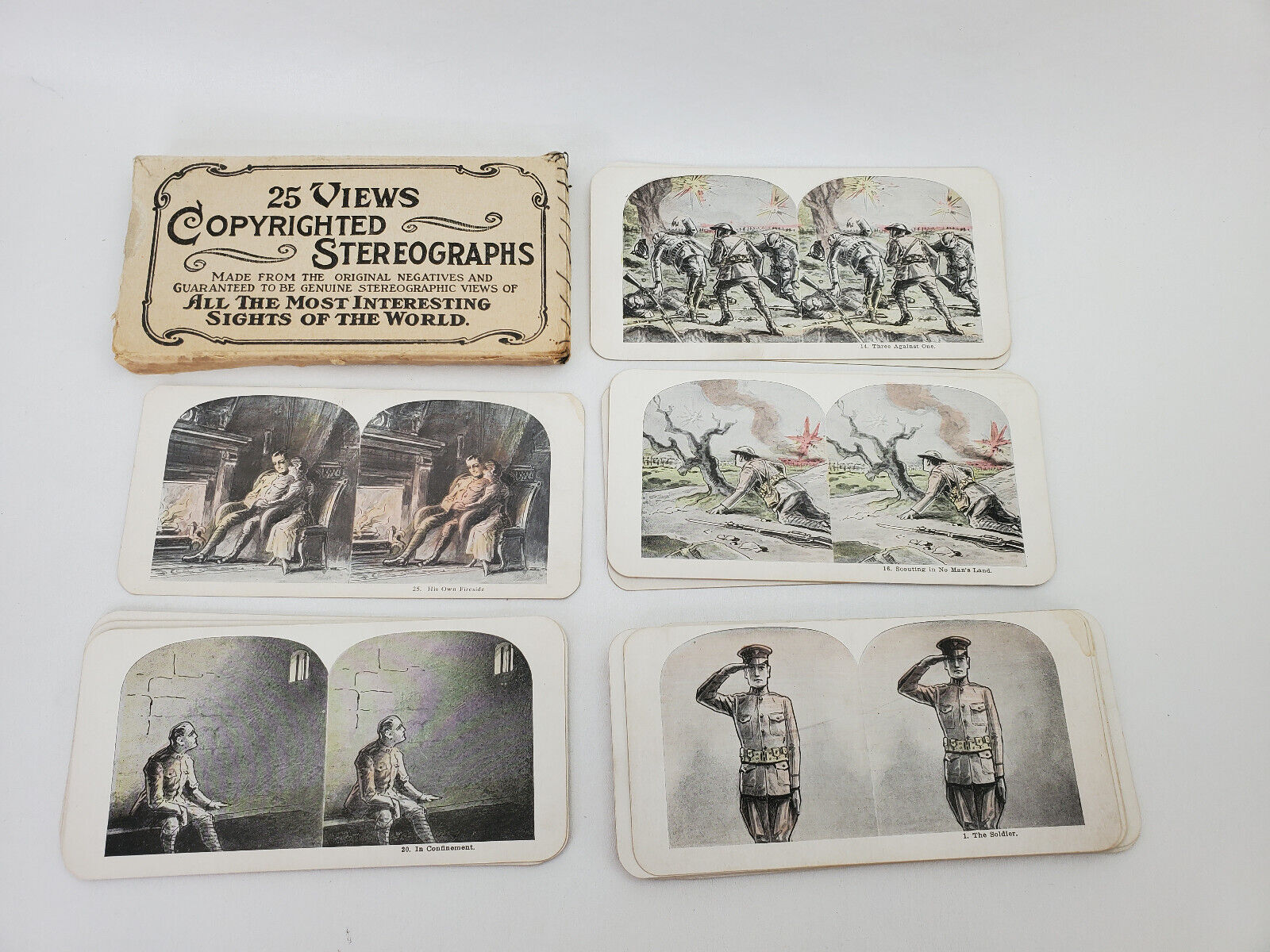 25 Vintage World War 1 Stereograph Illustrations  Colorized in Original Box VGC