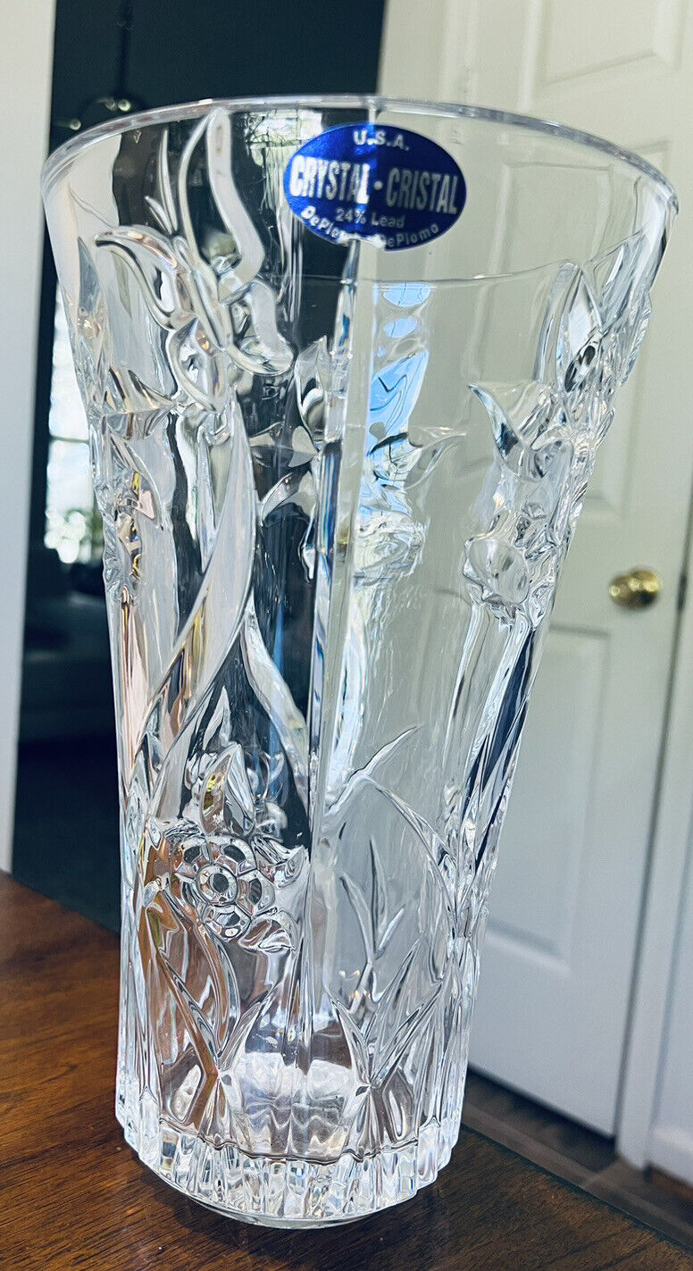 Vintage DePlomb 24% Lead Crystal Vase Floral Design 10 3/4