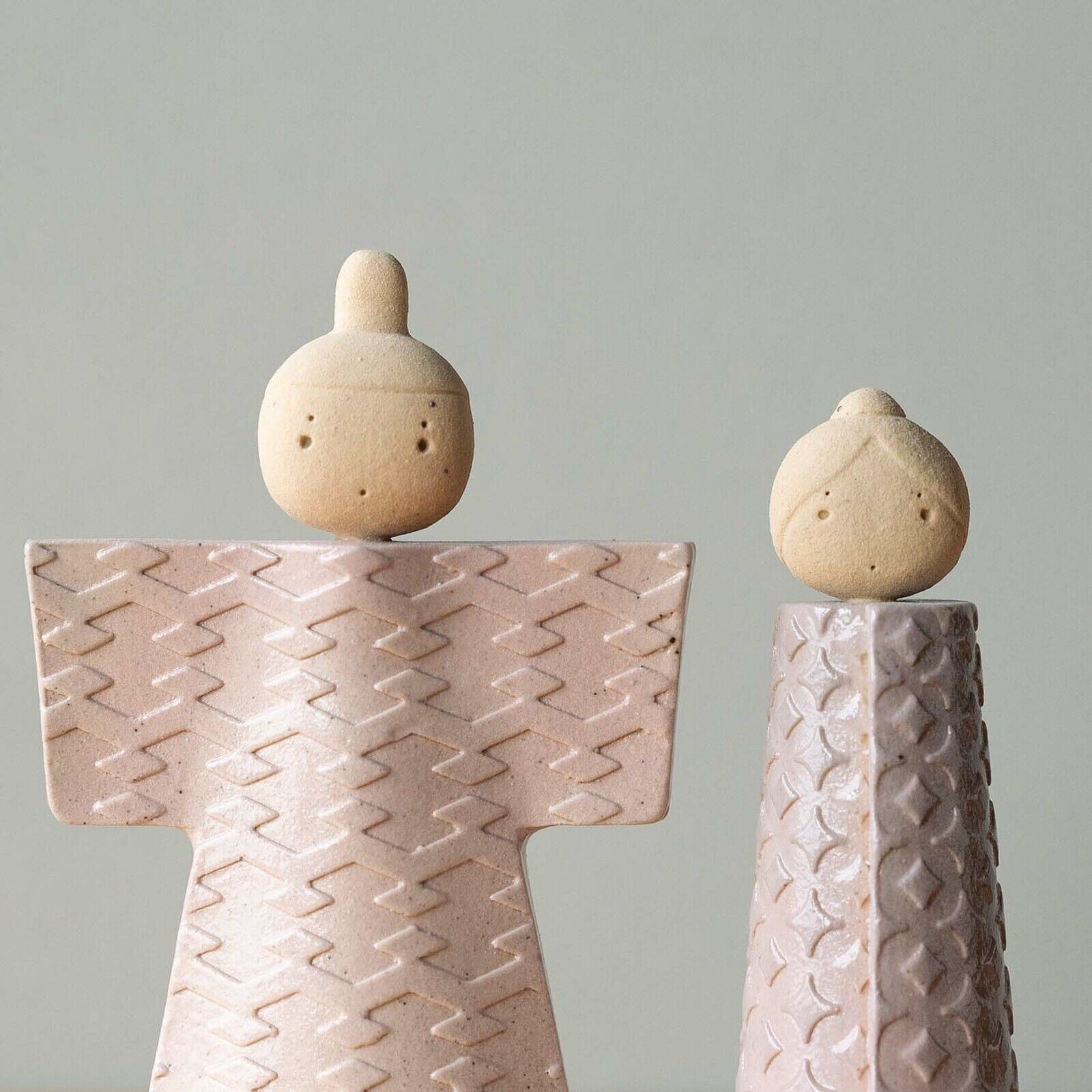 Japan Shigaraki Ware Hina Doll Pottery Ornament Statue Set Pink