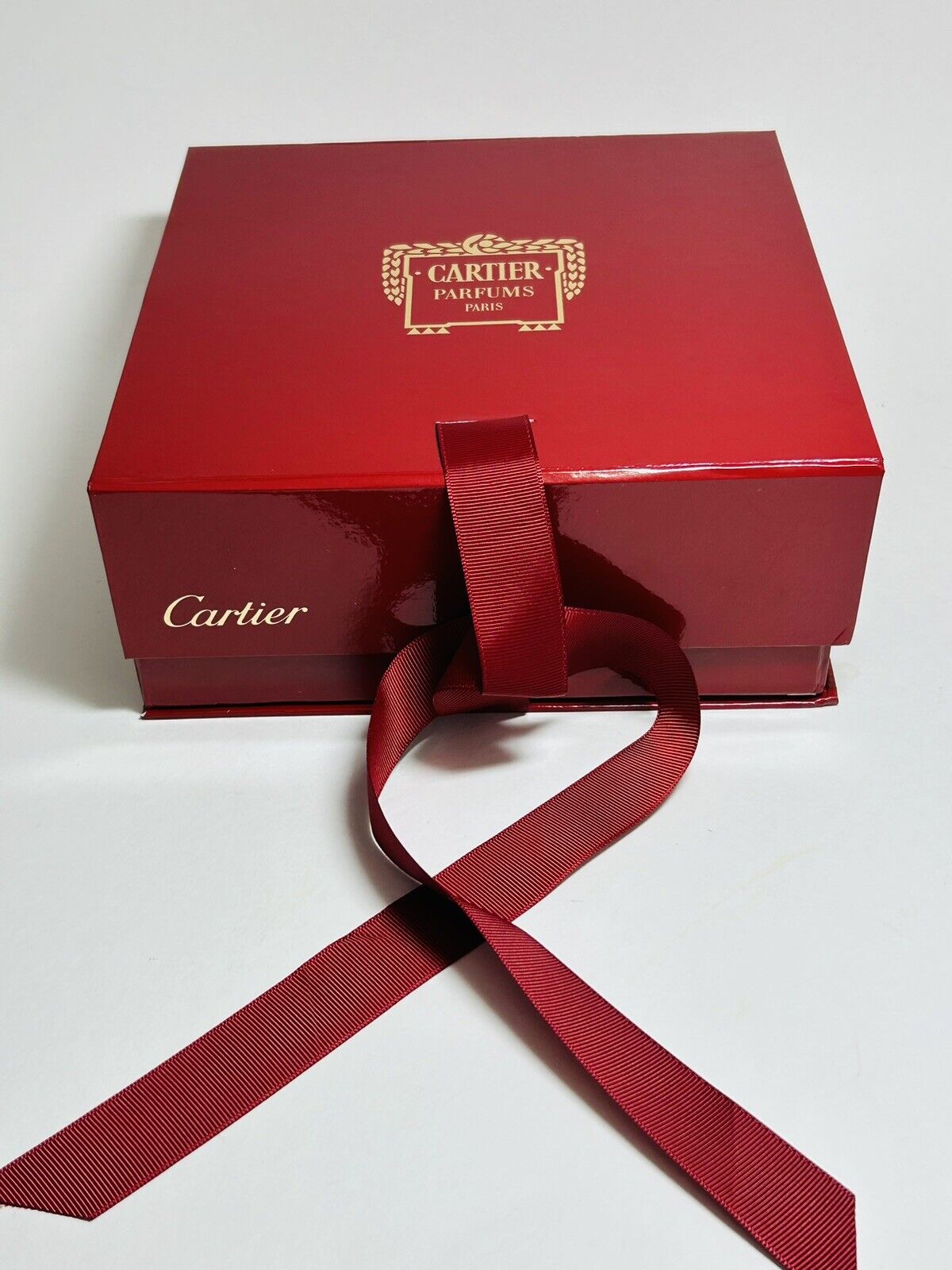 CARTIER Parfums Paris Red Presentation Box only w Grosgrain Ribbon Ties 8x8x3 