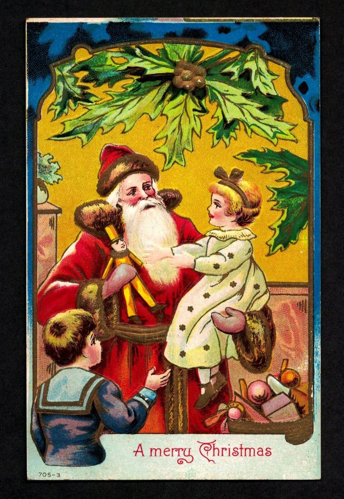 5303 Antique Vintage Christmas Postcard Santa holds girl yellow dress toys doll