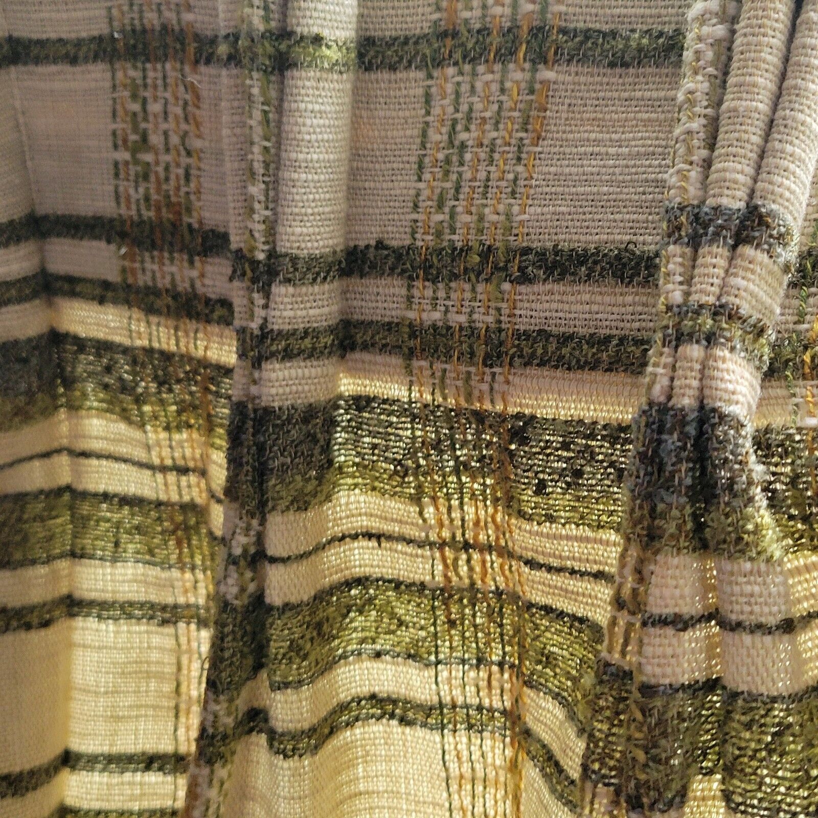 Vintage Pinch Pleat Knit 1960s Green And Gold Curtain / Fabric 