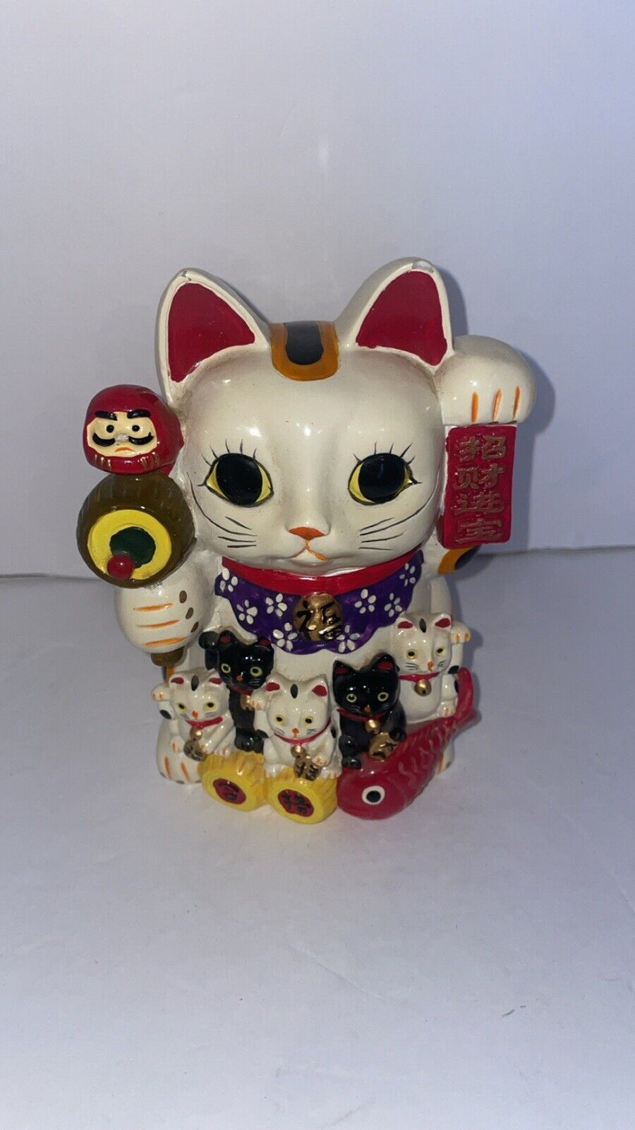 Vintage Maneki Neko Good Lucky Cat Family Coin Bank Ceramic w/ Stopper Fortune