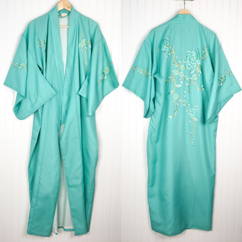 Japanese Womens Kimono Style Robe Aqua Cherry Blossom Embroidery Open Front OS